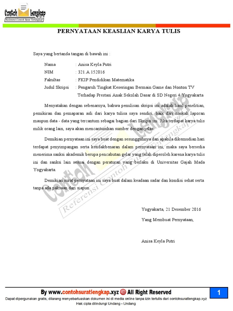 Detail Contoh Surat Pernyataan Skripsi Nomer 5
