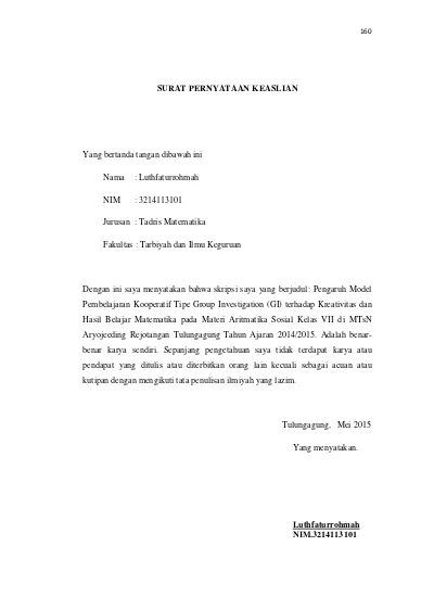 Detail Contoh Surat Pernyataan Skripsi Nomer 9