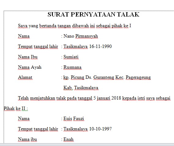 Detail Contoh Surat Pernyataan Talak Nomer 45