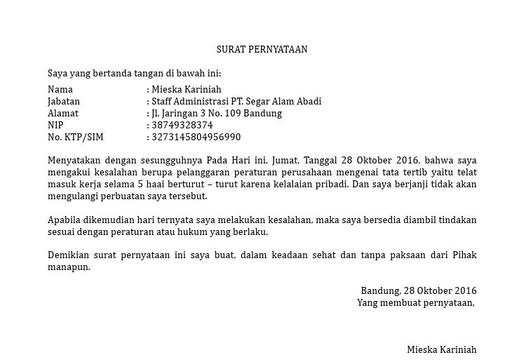 Detail Contoh Surat Pernyataan Tidak Akan Terlambat Masuk Kerja Nomer 7