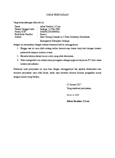 Detail Contoh Surat Pernyataan Tidak Bekerja Di Instansi Lain Nomer 12