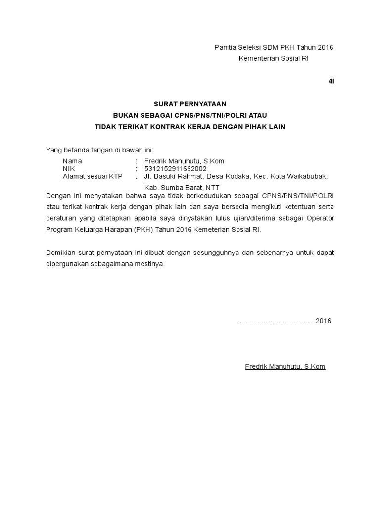 Detail Contoh Surat Pernyataan Tidak Berkedudukan Sebagai Pns Nomer 3