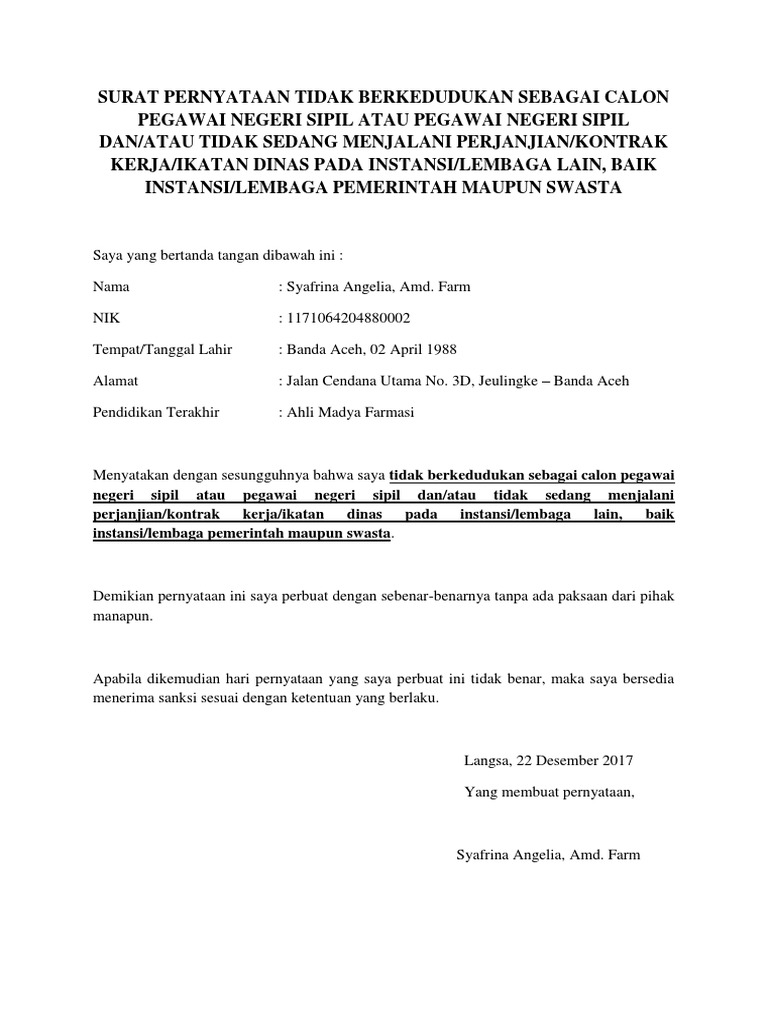 Detail Contoh Surat Pernyataan Tidak Berkedudukan Sebagai Pns Nomer 4