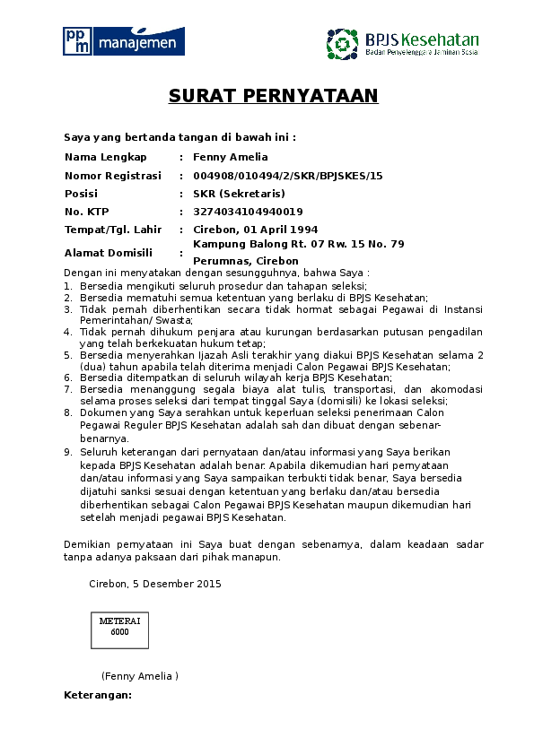 Detail Contoh Surat Pernyataan Tidak Ikut Bpjs Nomer 32