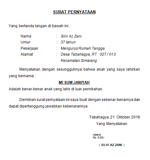 Detail Contoh Surat Pernyataan Tidak Memiliki Akta Kelahiran Nomer 39