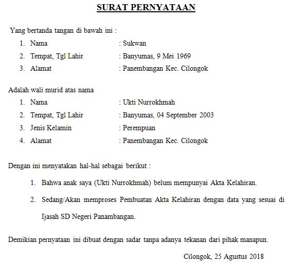 Detail Contoh Surat Pernyataan Tidak Memiliki Akta Kelahiran Nomer 5