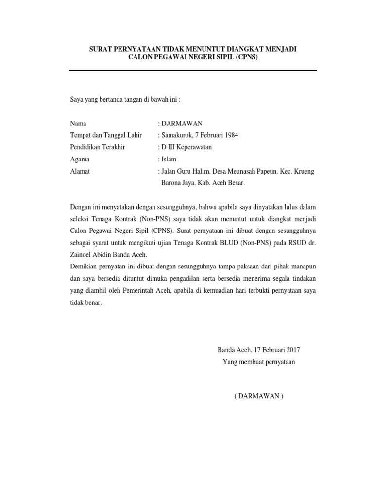 Contoh Surat Pernyataan Tidak Menuntut Pns - KibrisPDR