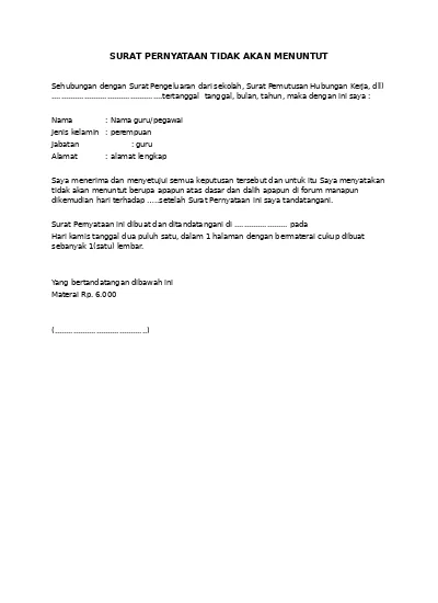 Detail Contoh Surat Pernyataan Tidak Menuntut Pns Nomer 15