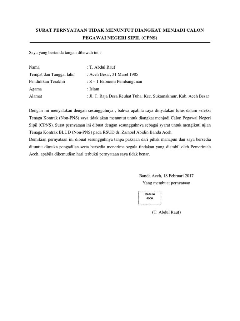 Detail Contoh Surat Pernyataan Tidak Menuntut Pns Nomer 4