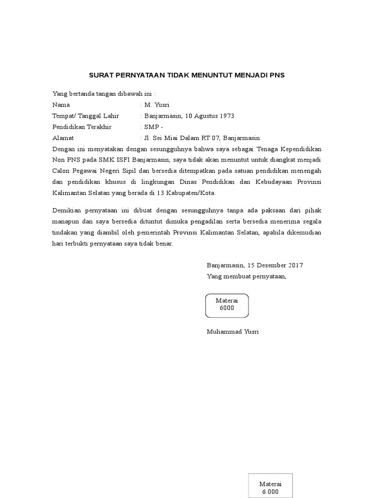Detail Contoh Surat Pernyataan Tidak Menuntut Pns Nomer 5