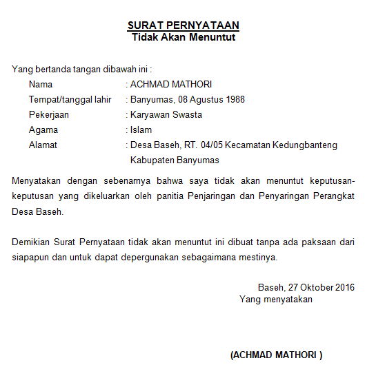 Detail Contoh Surat Pernyataan Tidak Menuntut Pns Nomer 39