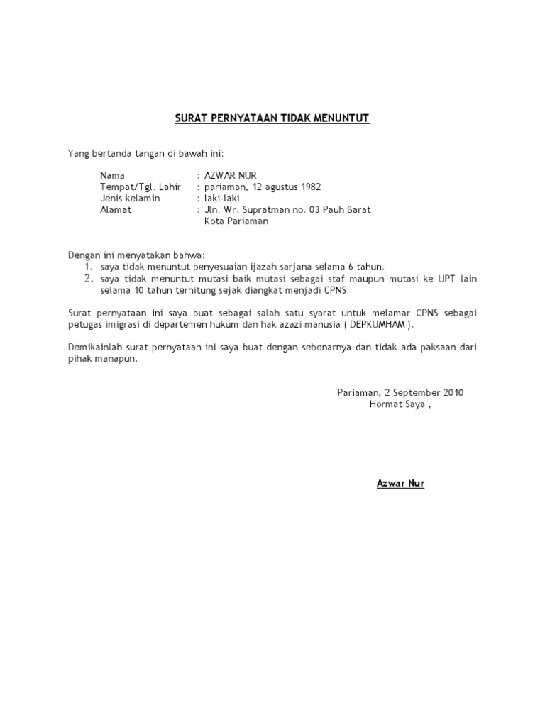 Detail Contoh Surat Pernyataan Tidak Menuntut Pns Nomer 9