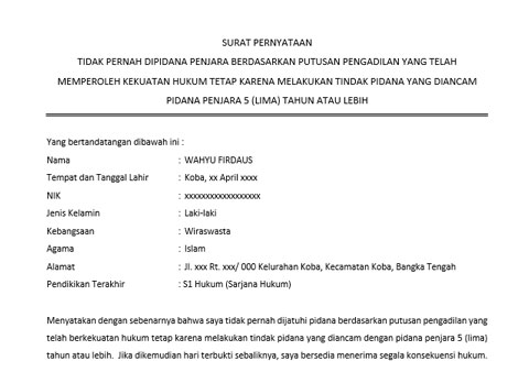 Detail Contoh Surat Pernyataan Tidak Pernah Dijatuhi Pidana Nomer 2