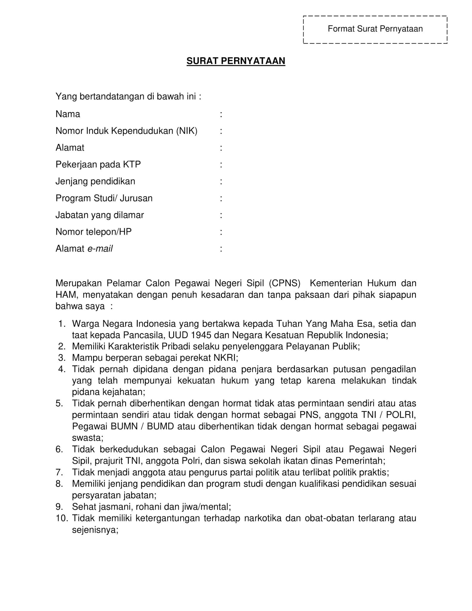 Detail Contoh Surat Pernyataan Untuk Melamar Cpns Nomer 10