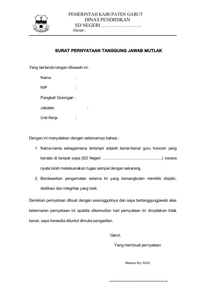 Detail Contoh Surat Pertanggungjawaban Mutlak Kepala Sekolah Nomer 11