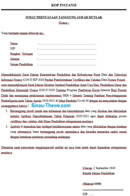 Detail Contoh Surat Pertanggungjawaban Mutlak Kepala Sekolah Nomer 22