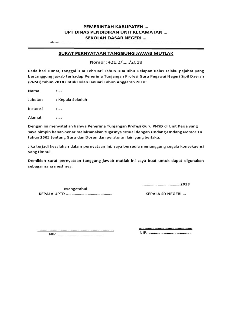 Detail Contoh Surat Pertanggungjawaban Mutlak Kepala Sekolah Nomer 42