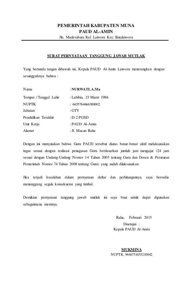 Detail Contoh Surat Pertanggungjawaban Mutlak Kepala Sekolah Nomer 53