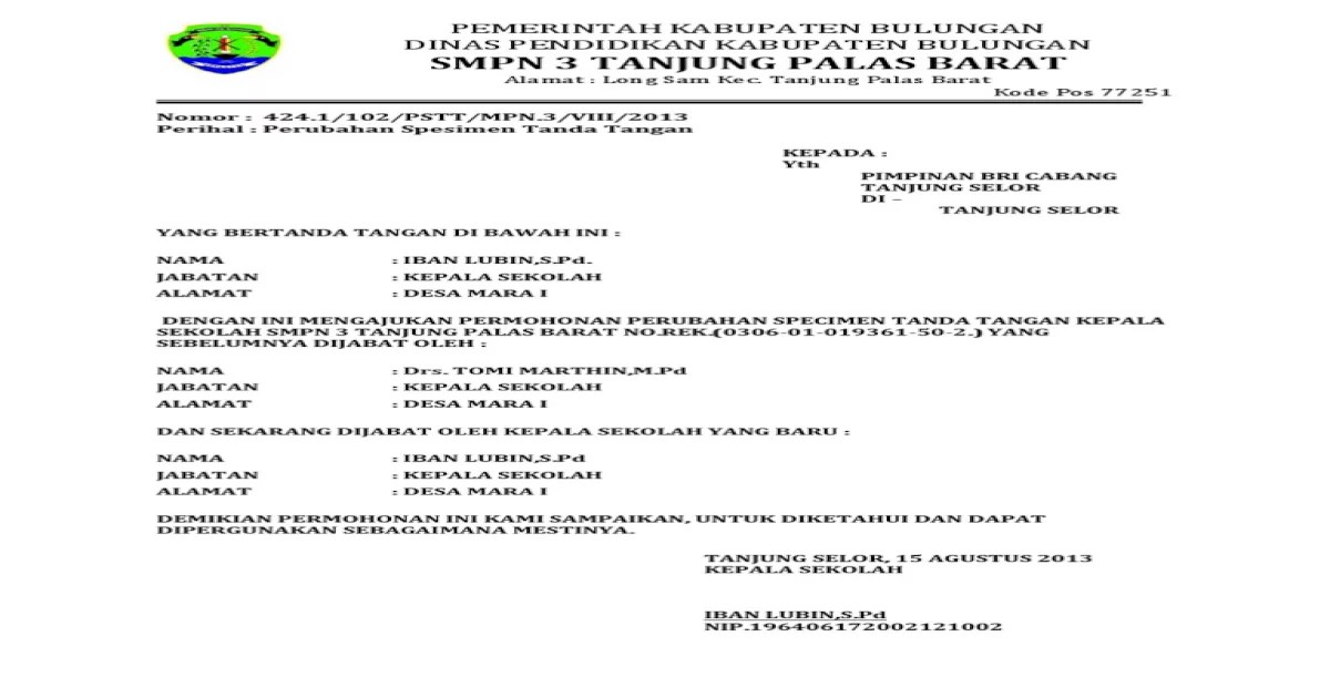 Detail Contoh Surat Perubahan Spesimen Tanda Tangan Bank Nomer 3