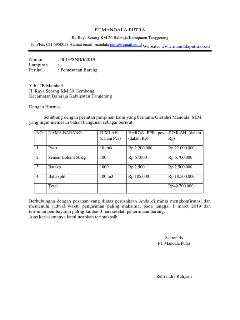 Detail Contoh Surat Pesanan Bentuk Semi Block Style Nomer 27