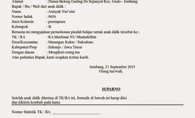 Detail Contoh Surat Pindah Sekolah Tk Nomer 8