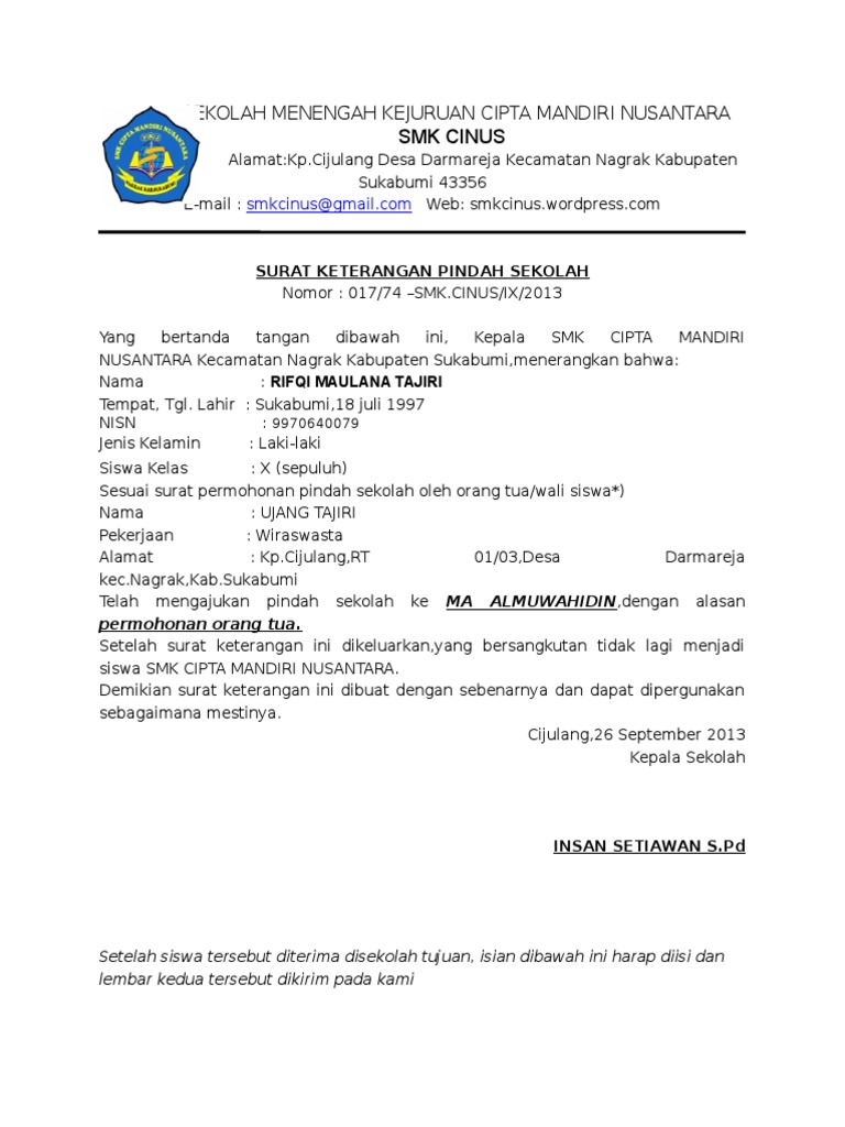 Detail Contoh Surat Pindah Siswa Nomer 50