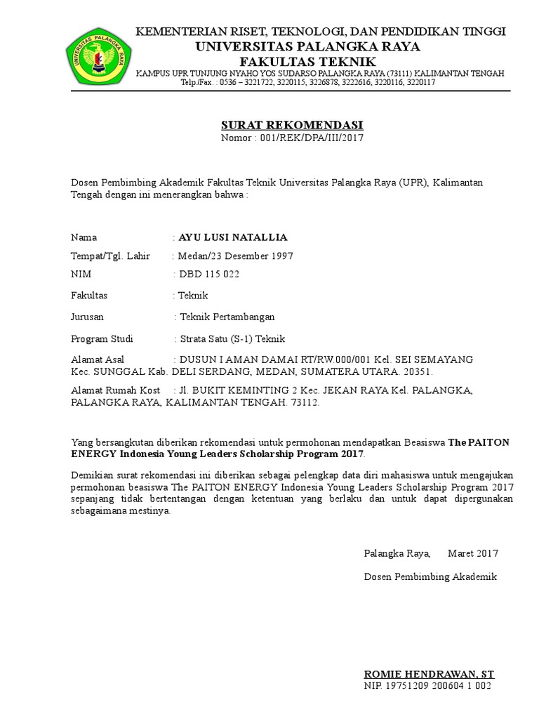 Detail Contoh Surat Rekomendasi Beasiswa Dari Dosen Nomer 22