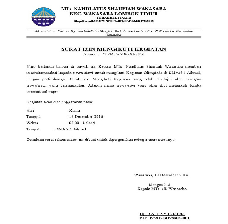 Detail Contoh Surat Rekomendasi Kegiatan Organisasi Nomer 6