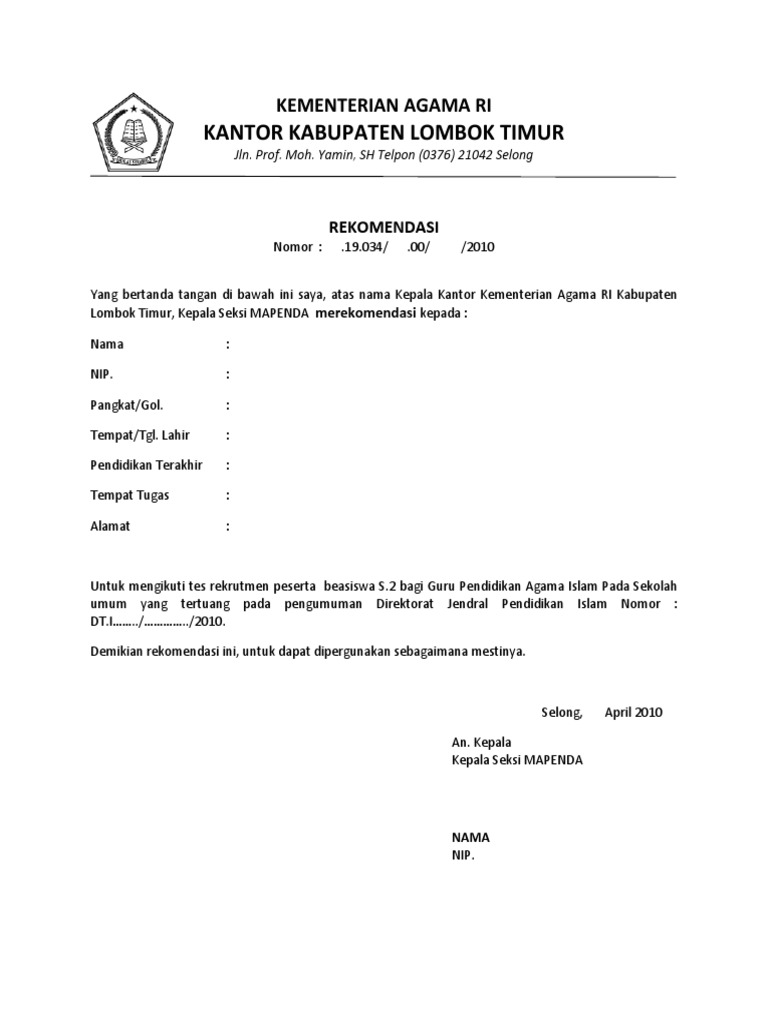 Detail Contoh Surat Rekomendasi Kemenag Nomer 4