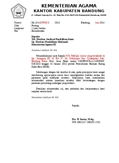 Detail Contoh Surat Rekomendasi Kemenag Nomer 5