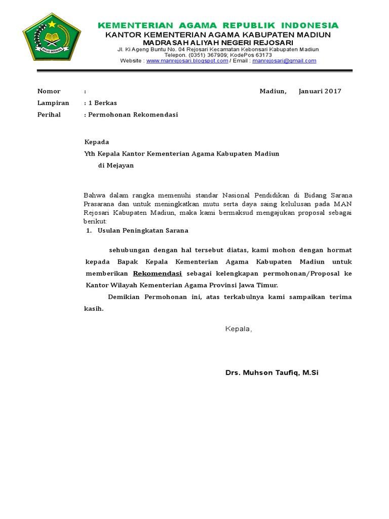 Detail Contoh Surat Rekomendasi Kemenag Nomer 6