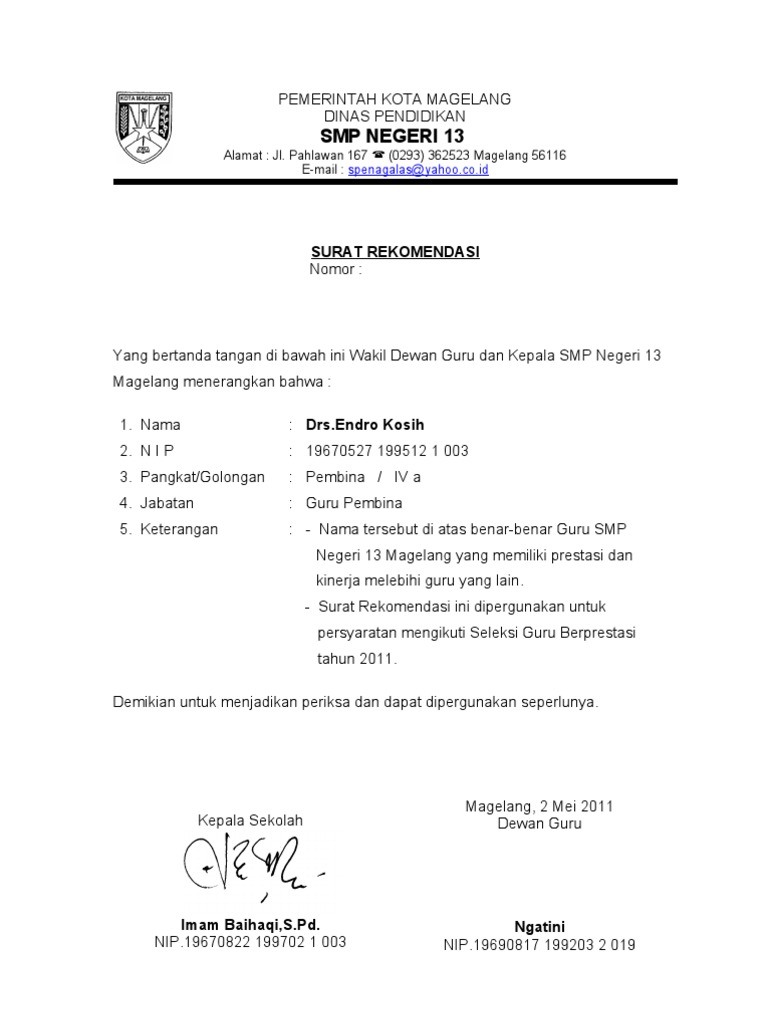 Detail Contoh Surat Rekomendasi Kepala Sekolah Untuk Guru Nomer 8