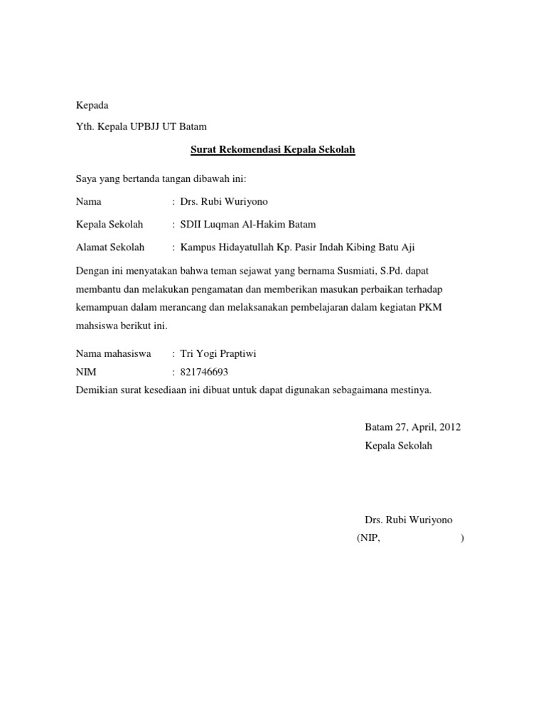 Contoh Surat Rekomendasi Kepala Sekolah Untuk Siswa - KibrisPDR
