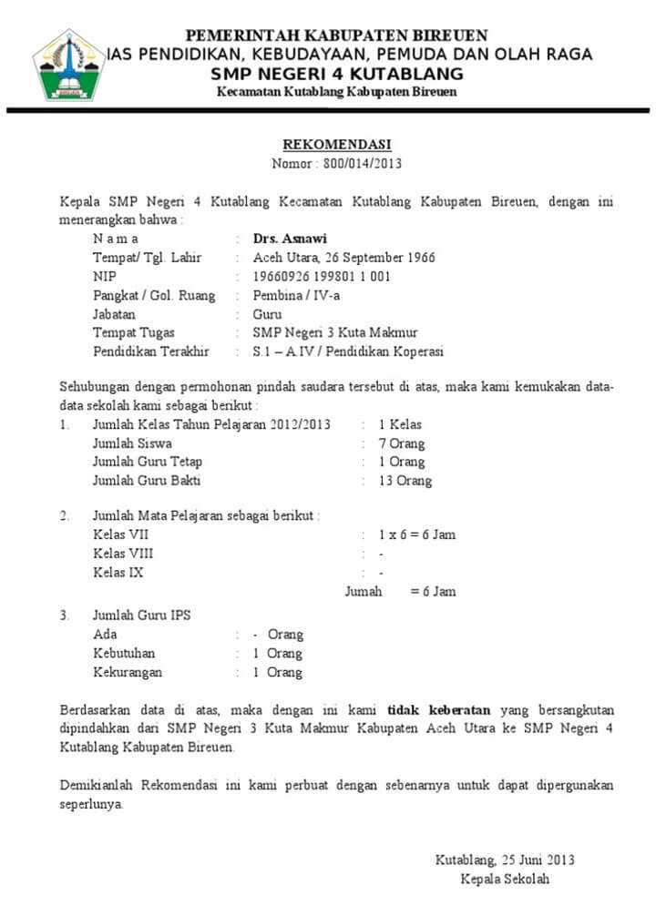 Detail Contoh Surat Rekomendasi Mutasi Guru Dari Kepala Sekolah Nomer 9