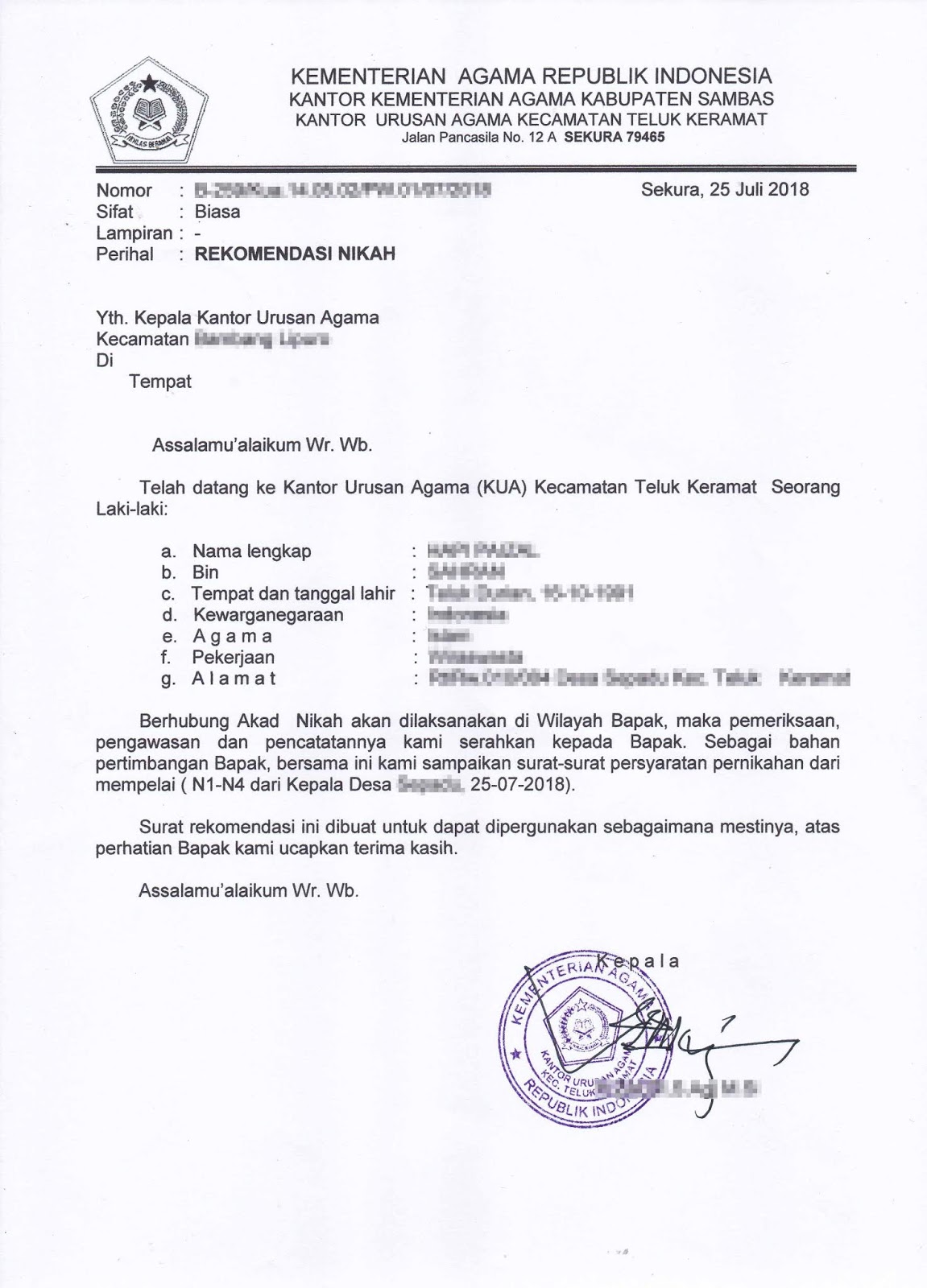 Detail Contoh Surat Rekomendasi Nikah Nomer 4