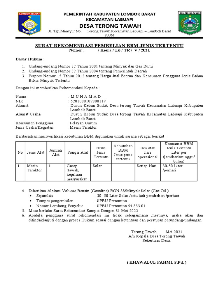 Detail Contoh Surat Rekomendasi Pembelian Bbm Nomer 13