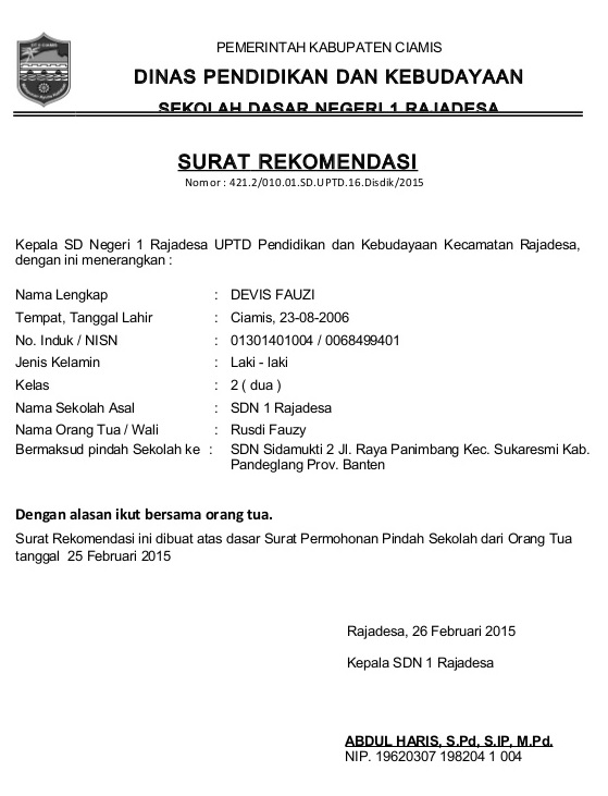 Detail Contoh Surat Rekomendasi Pindah Sekolah Nomer 3