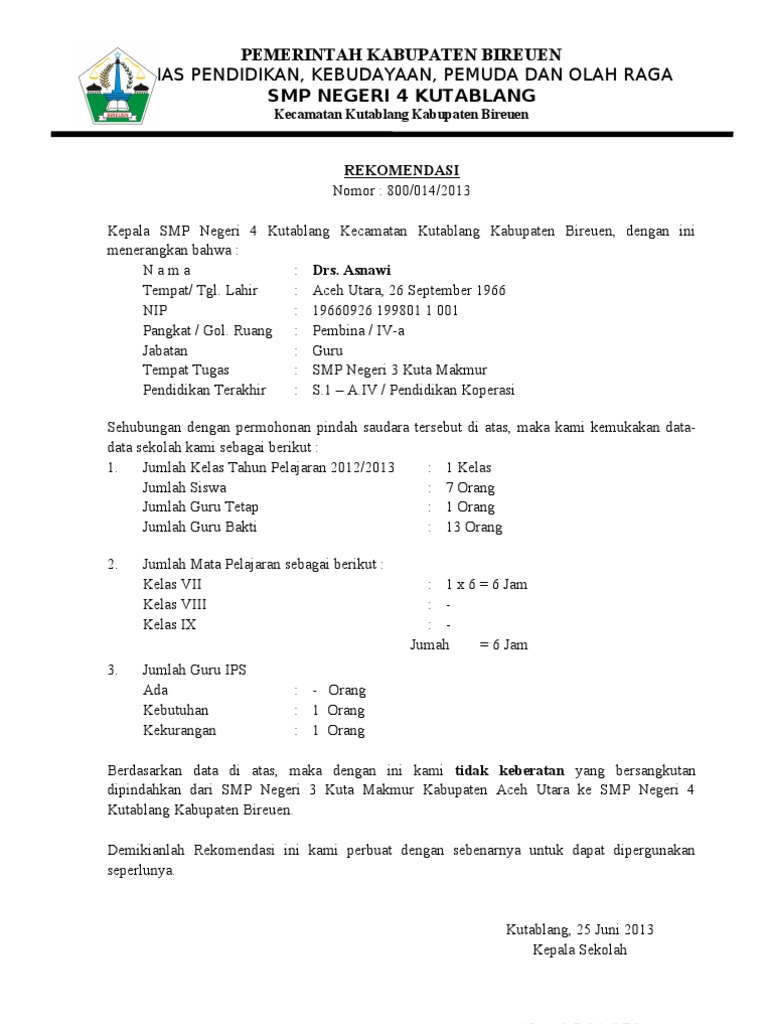 Detail Contoh Surat Rekomendasi Pindah Sekolah Nomer 9