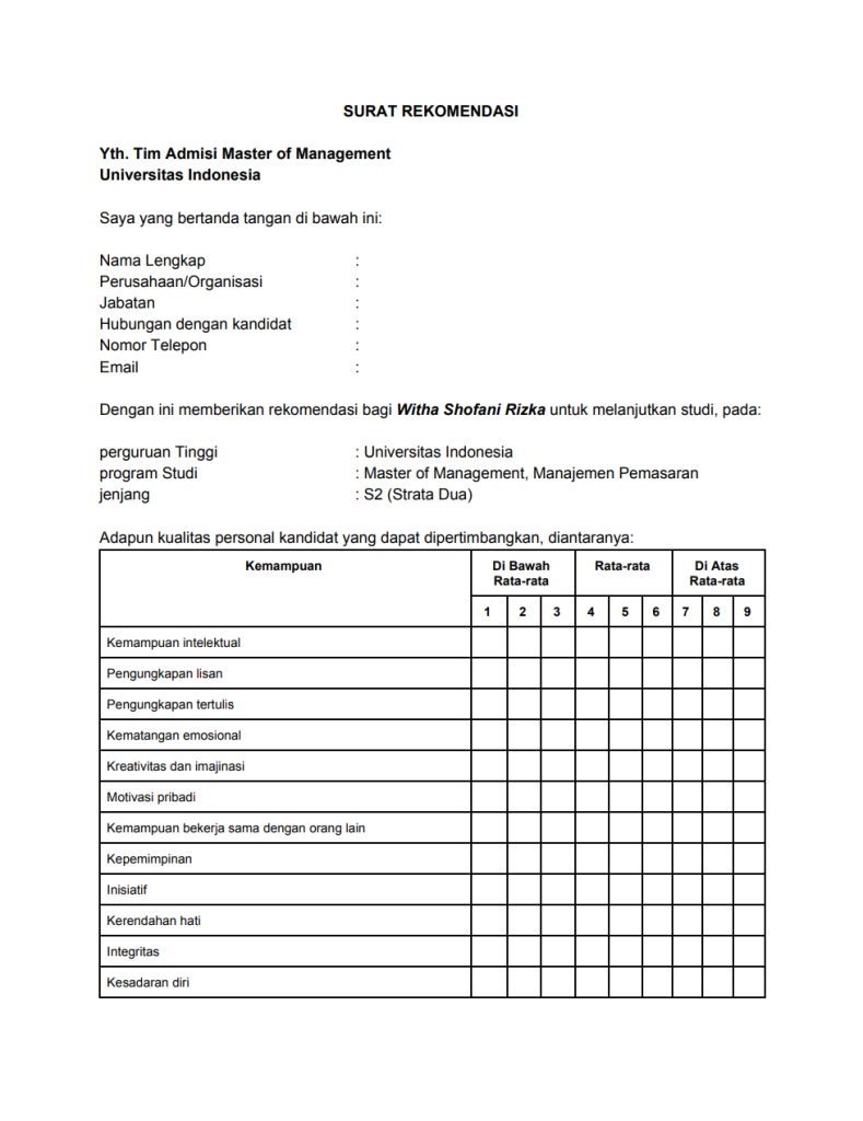 Detail Contoh Surat Rekomendasi S2 Ui Nomer 12