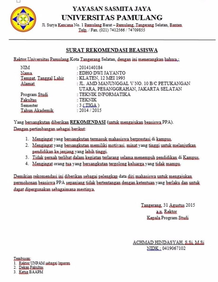 Detail Contoh Surat Rekomendasi Untuk Kuliah Nomer 32