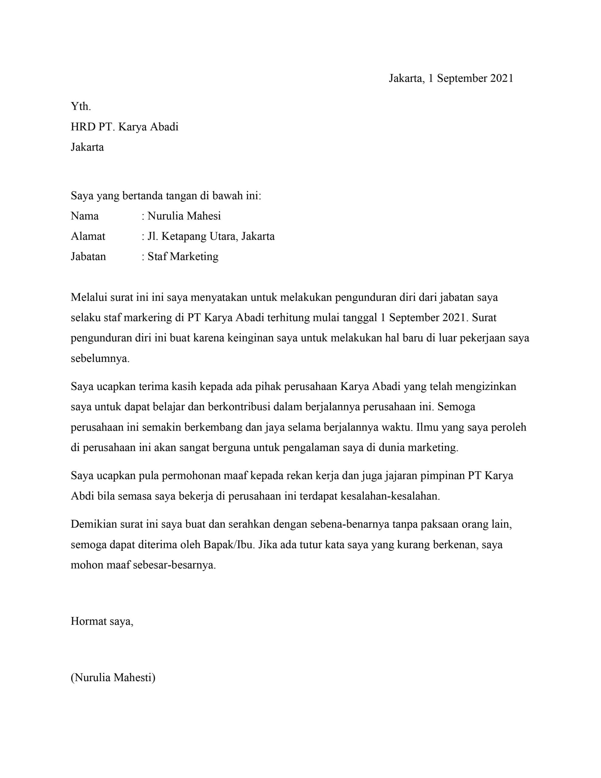 Contoh Surat Resign Dari Pabrik