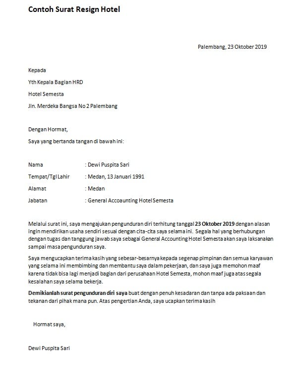 Download Contoh Surat Resign Hotel Bahasa Inggris Nomer 28