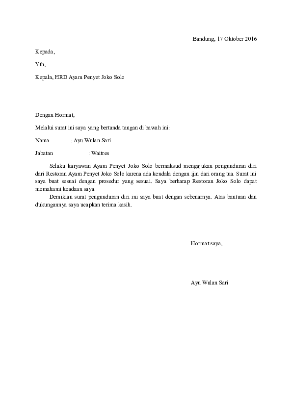 Detail Contoh Surat Resign Kerja Nomer 37