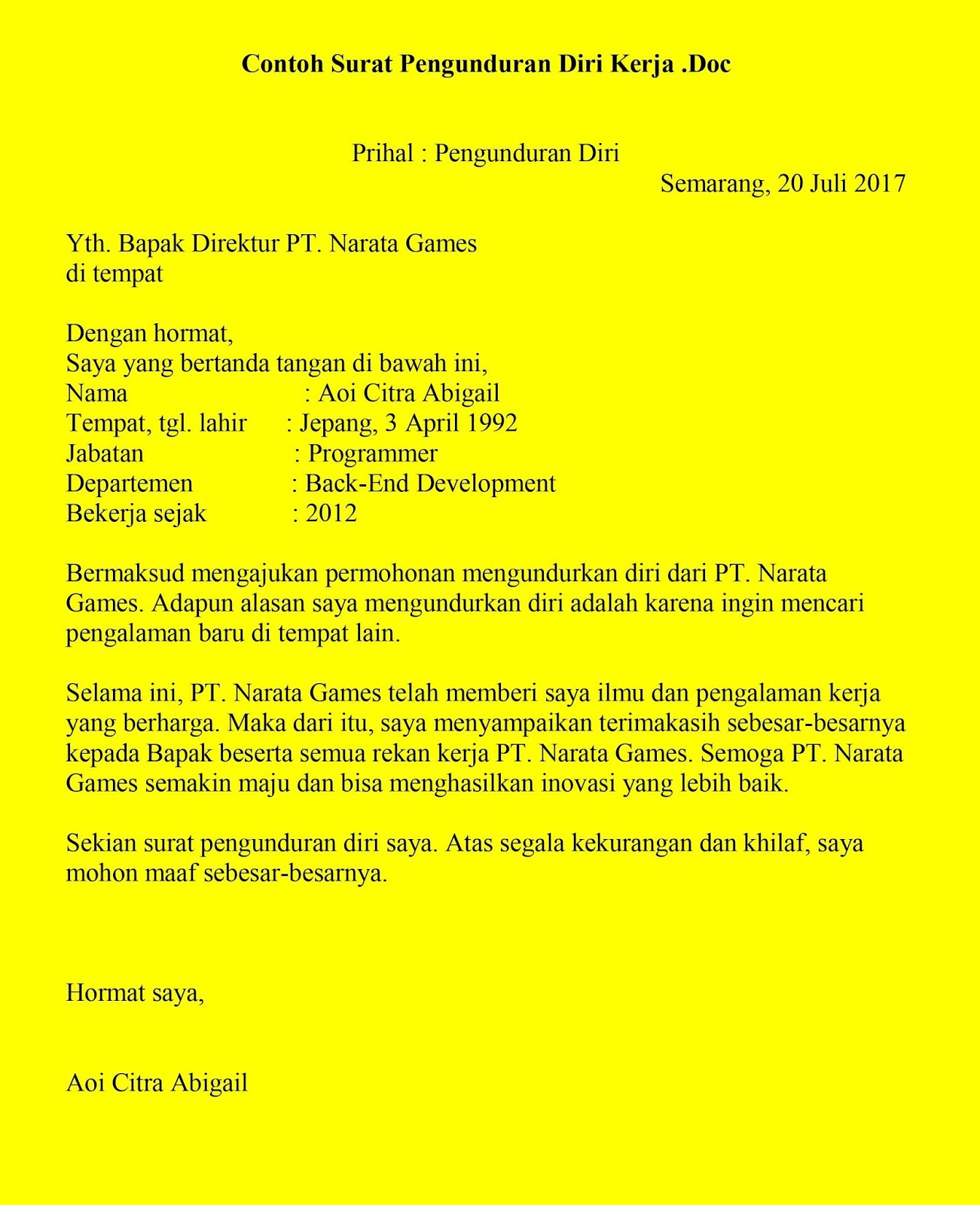 Detail Contoh Surat Resign Kerja Nomer 40