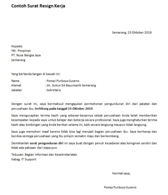 Detail Contoh Surat Resign Kerja Doc Nomer 20