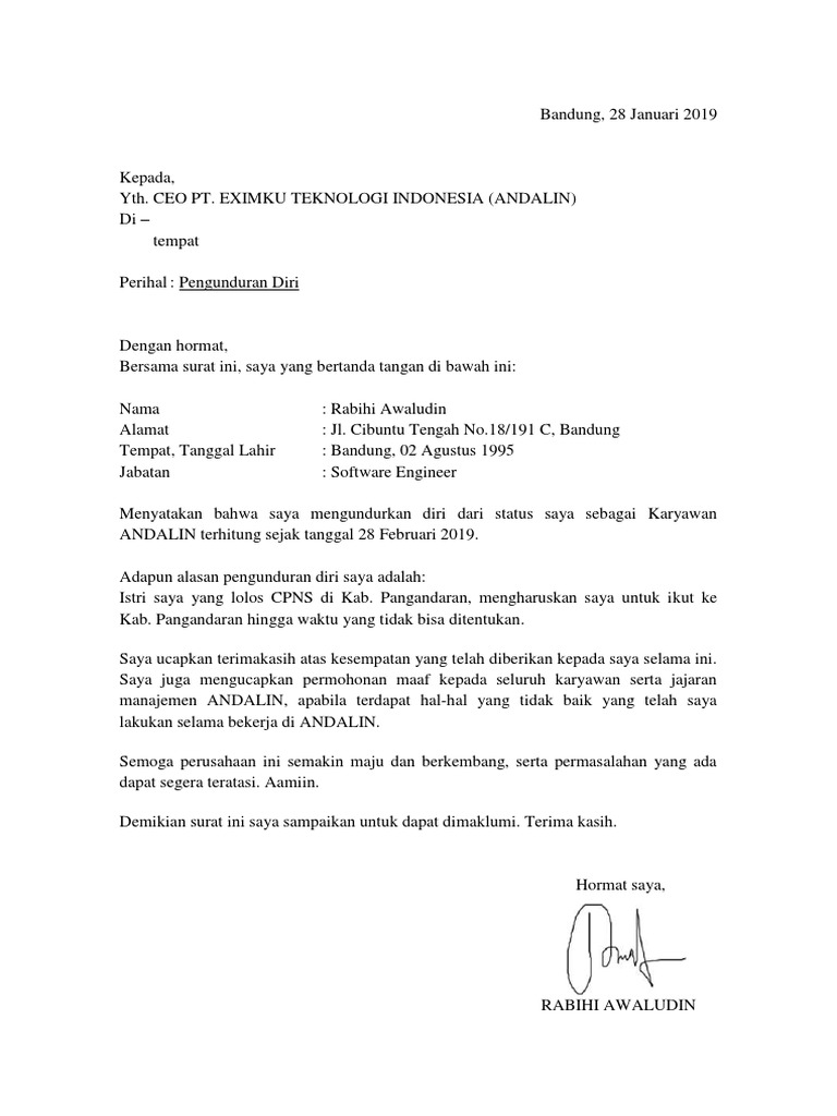 Detail Contoh Surat Resign One Month Notice Nomer 4