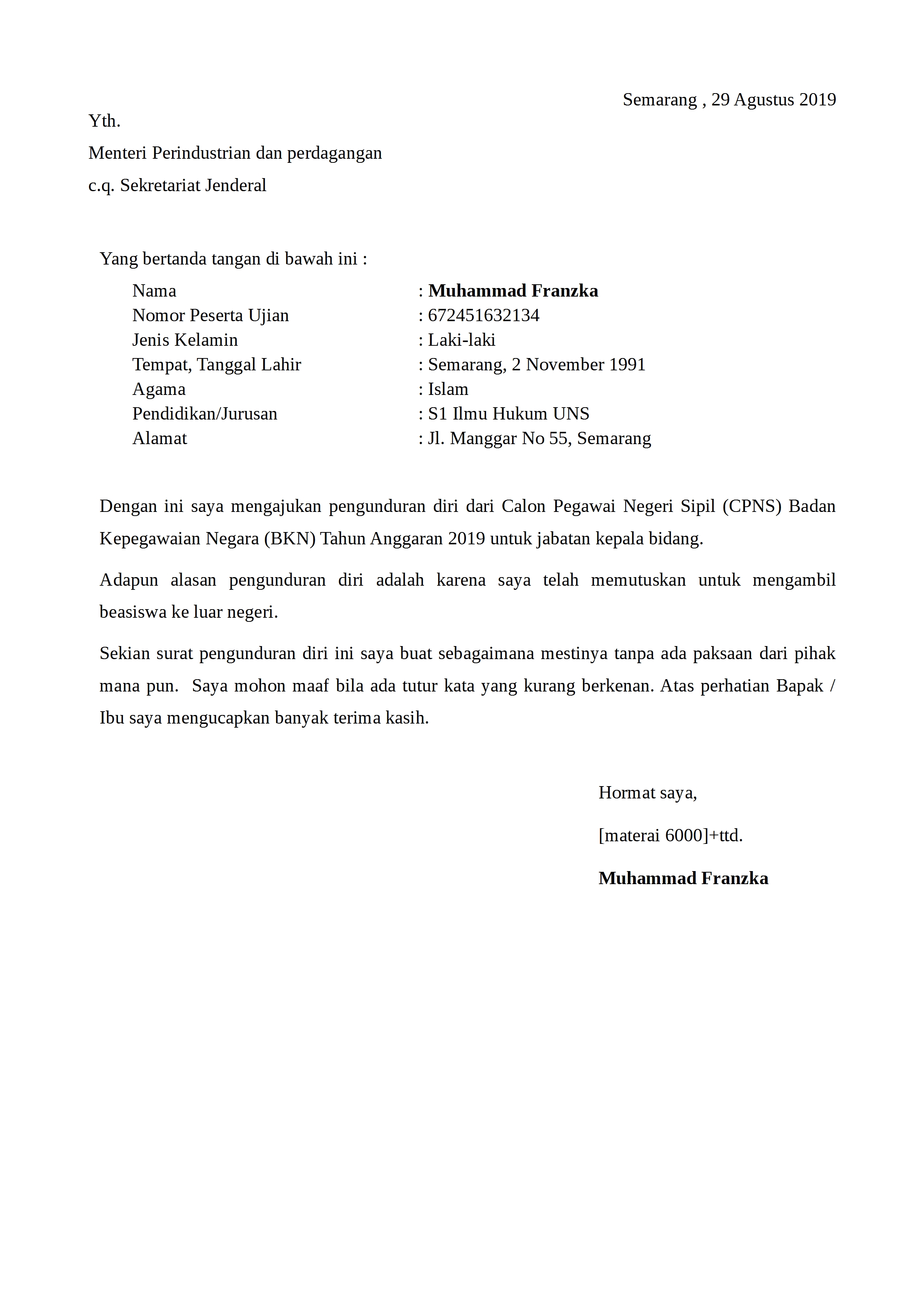 Detail Contoh Surat Resign Pns Nomer 3
