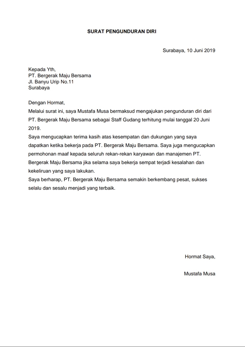 Detail Contoh Surat Resign Resmi Nomer 3