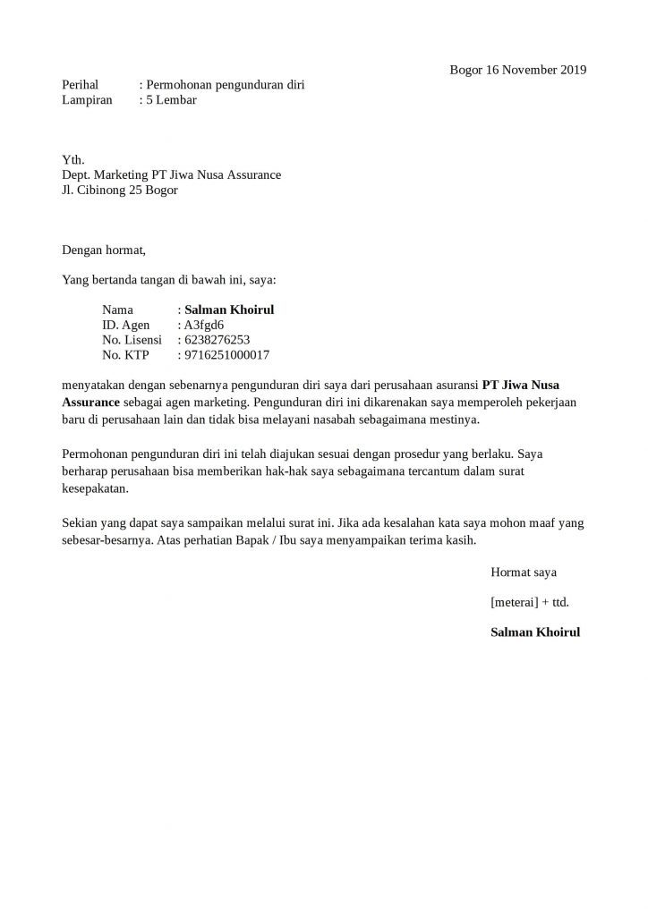 Detail Contoh Surat Resign Resmi Doc Nomer 58