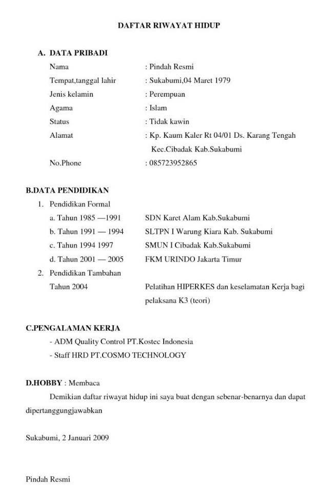 Detail Contoh Surat Riwayat Hidup Untuk Melamar Pekerjaan Nomer 33